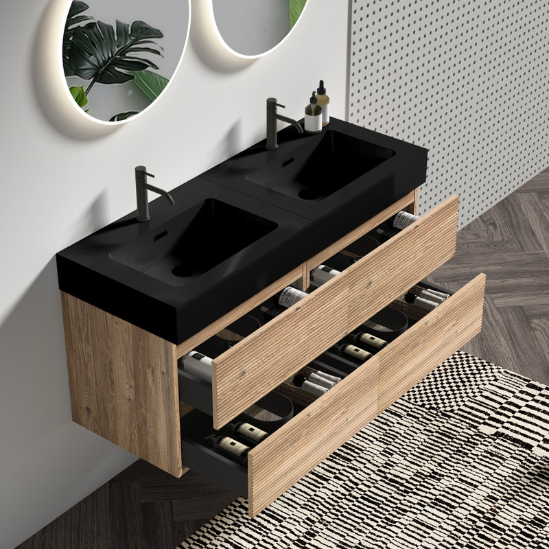 Meuble-lavabo de 48 po avec lavabo noir et tiroirs en chêne brut, fixation murale de style Mid-Century moderne, laque double de grade E0, système, côtés en grain de bois, poignée cachée pour finition à l'eau