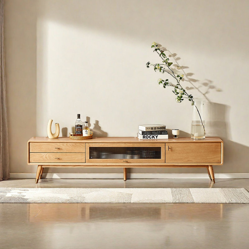 Meuble télé moderne et minimaliste en bois massif, H 17,7 po x L 70,9 po x l 13,8 po, Bois naturel