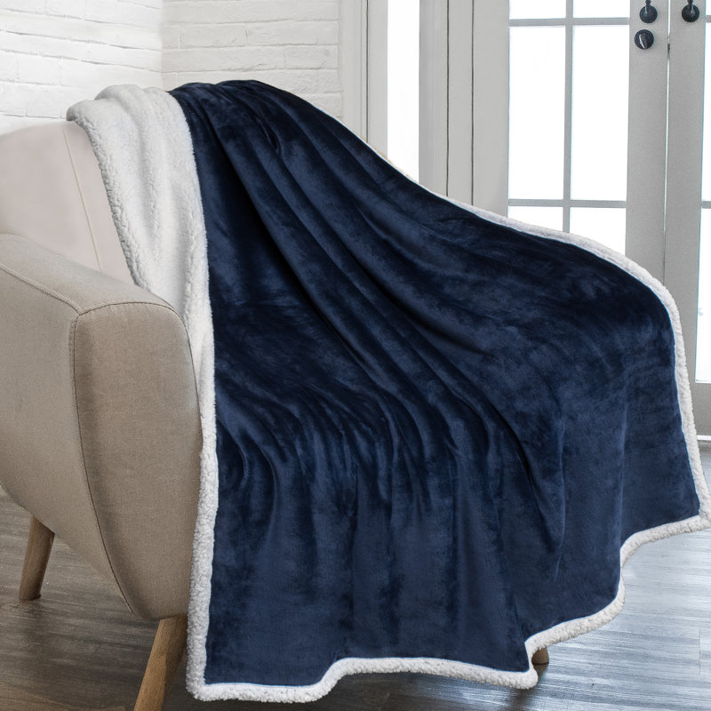 Navy Blue Sherpa Fleece Reversible Throw Blanket