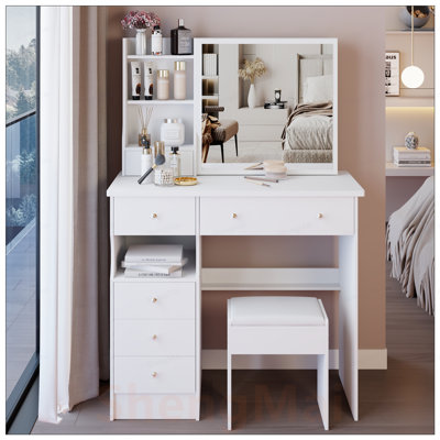 Ensemble de coiffeuse de maquillage avec tiroir à gauche, tabouret rembourré, très grand miroir coulissant, rangement multi-couches grande capacité, ensemble de coiffeuse élégant et fonctionnel