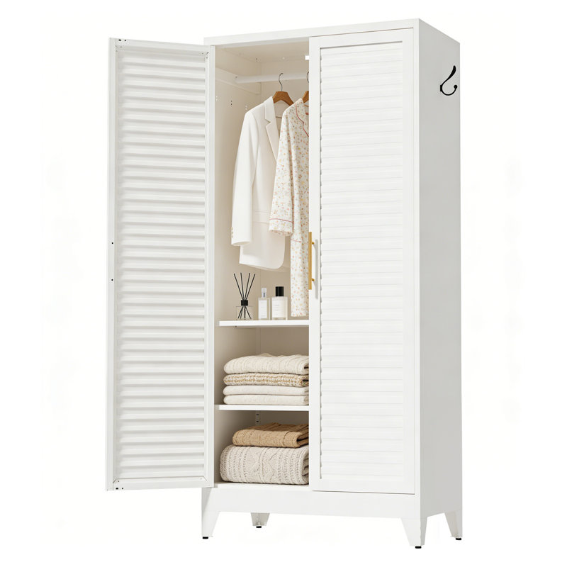 Armoire-penderie en métal blanc avec 2 portes, tablettes réglables et tringle, hauteur de 71 pouces