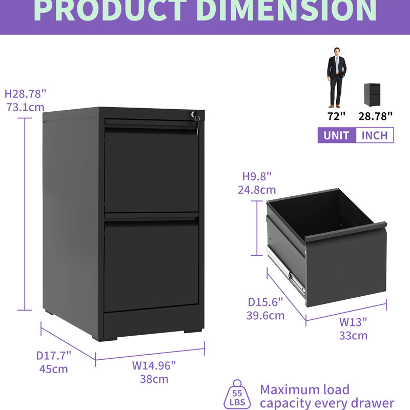 Classeur vertical à 2 tiroirs en métal avec serrure - Améliore la configuration du bureau / de la maison Fabrication en acier Système d'inclinaison lisse pour format A4 légal / lettre pour un choix fiable