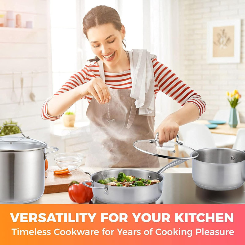 Pots and Pans Set 17-Piece, Ultra-Clad Pro Stainless Steel Cookware Set, Ergonomic EverCool Handle, Induction Cookware, Includes Saucepans, Skillets, Dutch Oven, Stockpot, Steamer For Cooking
