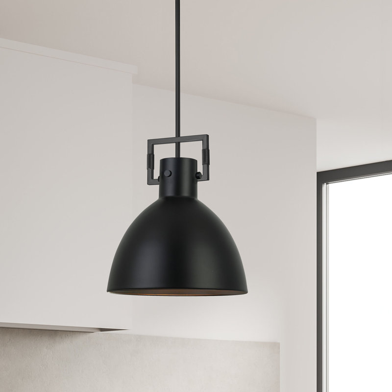 Luminaire suspendu en forme de dôme à 1 lumière Holzheimer, Noir, H 16,75 po x l 13,75 po x P 13,75 po, Noir mat
