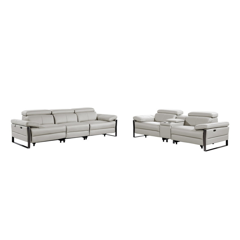 Ensemble de canapé modulaire inclinable électrique en cuir italien avec accoudoirs électriques et console, Gris clair