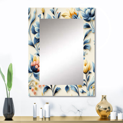 Youriy Ethno damassé rose et bleu fougères - grand miroir damassé, miroir mural décoratif damassé, impression sur métal