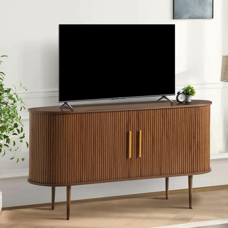 Brown Oak 55" Sideboard Buffet Cabinet with Fluted Sliding Doors