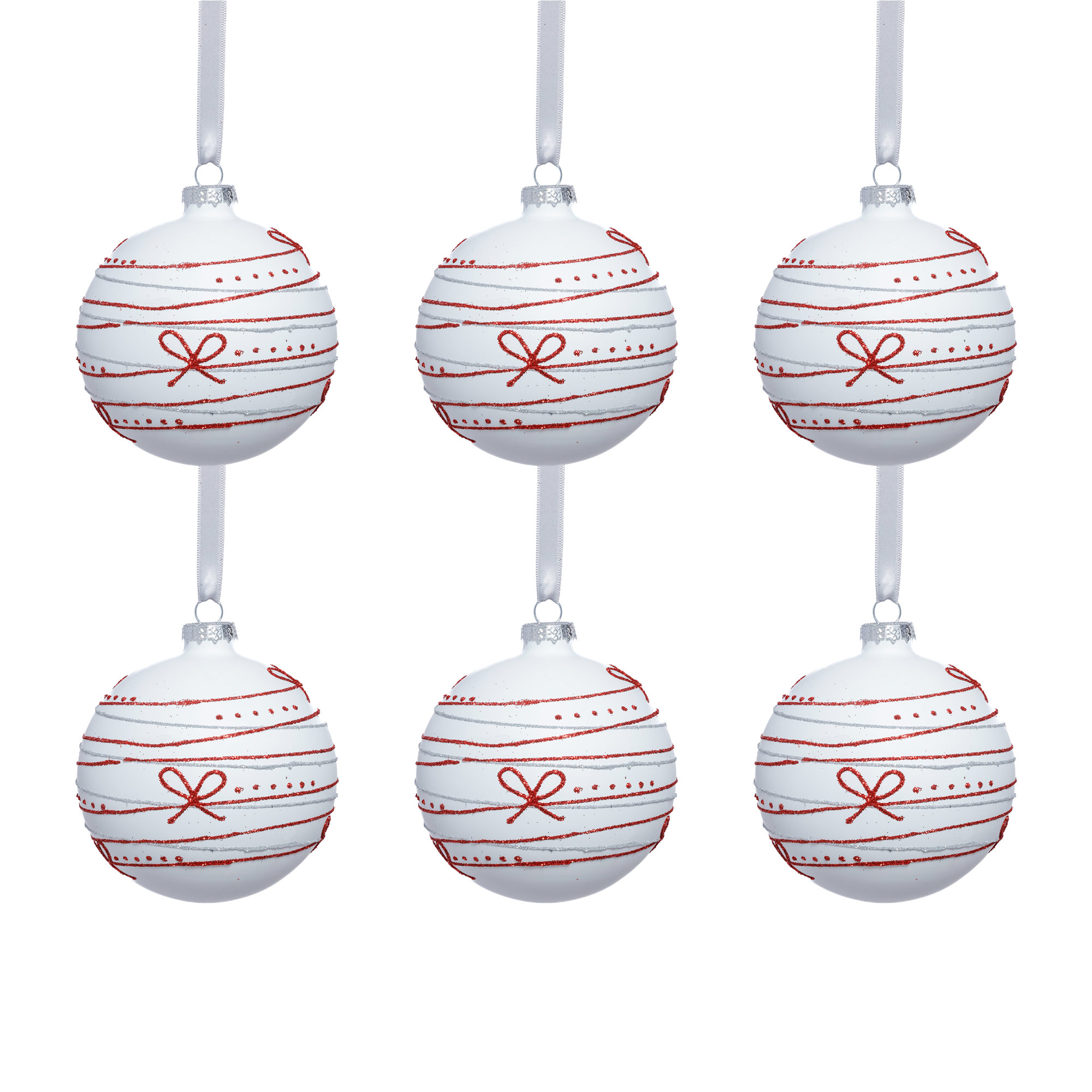 Matte Glass Holiday Ball Ornaments with Red Ribbon Design, Set of 6, 4" H x 4" W x 4" D