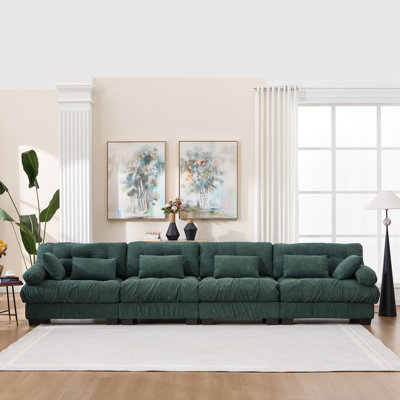 Canapé d'angle modulaire Cloud, 401 cm L x 89 cm P x 89 cm H, bois et flanelle, 4 pièces, forme L, vert, 6 coussins, assise profonde et modulable