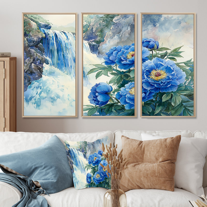 Pivoines par la cascade II - art mural pivoines - 3 panneaux, Érable, H 28 po x l 36 po