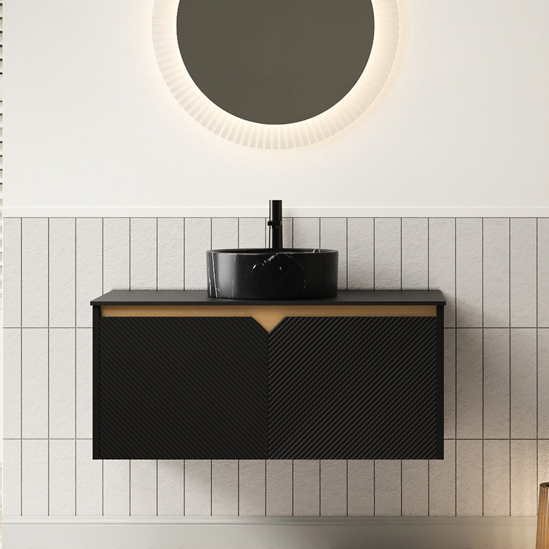 Meuble-lavabo flottant 36 po, lavabo en céramique noire, motif en pierre, plateau fritté et armoire en sergé