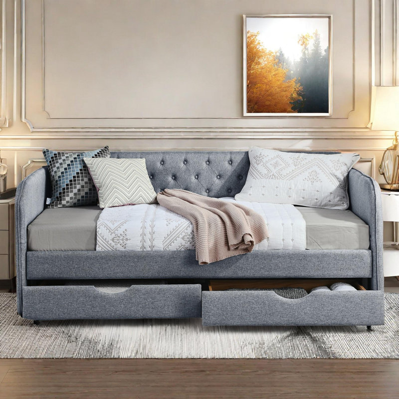 Upholstery Daybed With Trundle, Two Drawers , Side Pockets And Button Tufted Design, Gray