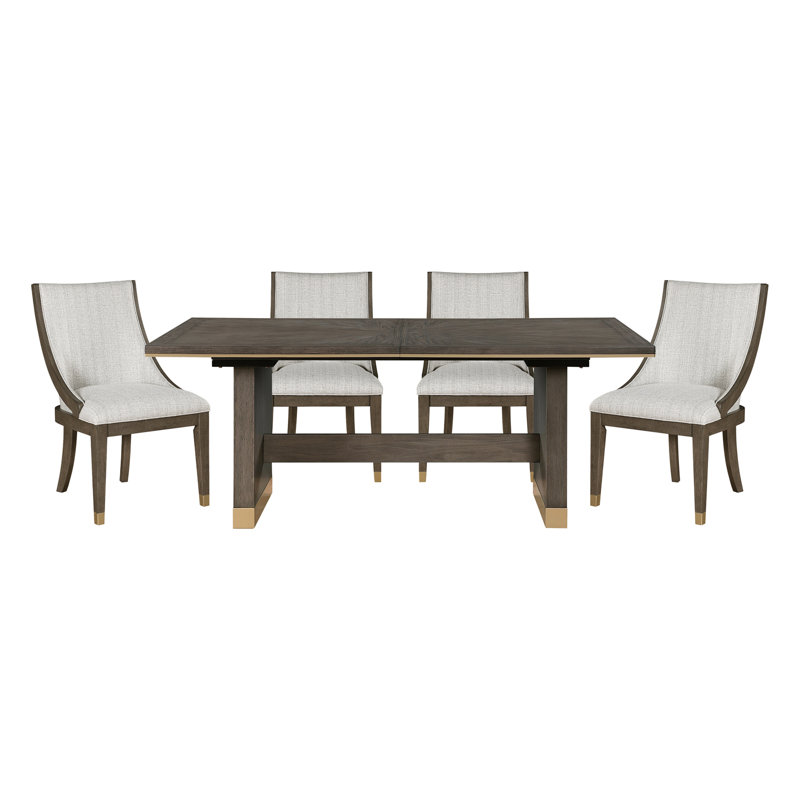 Ensemble de table de salle à manger à rallonge moderne brun 5 pièces et 4 fauteuils avec garniture dorée