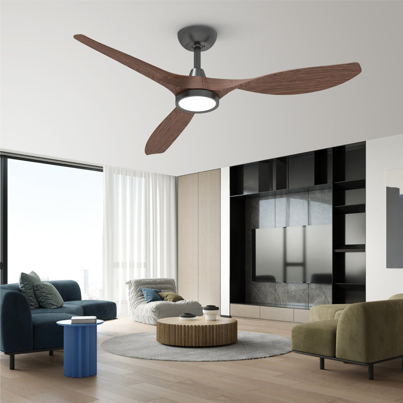 52" Ulanda Blade LED Propeller Ceiling Fan with Remote Control, Black with Woodgrain Blades