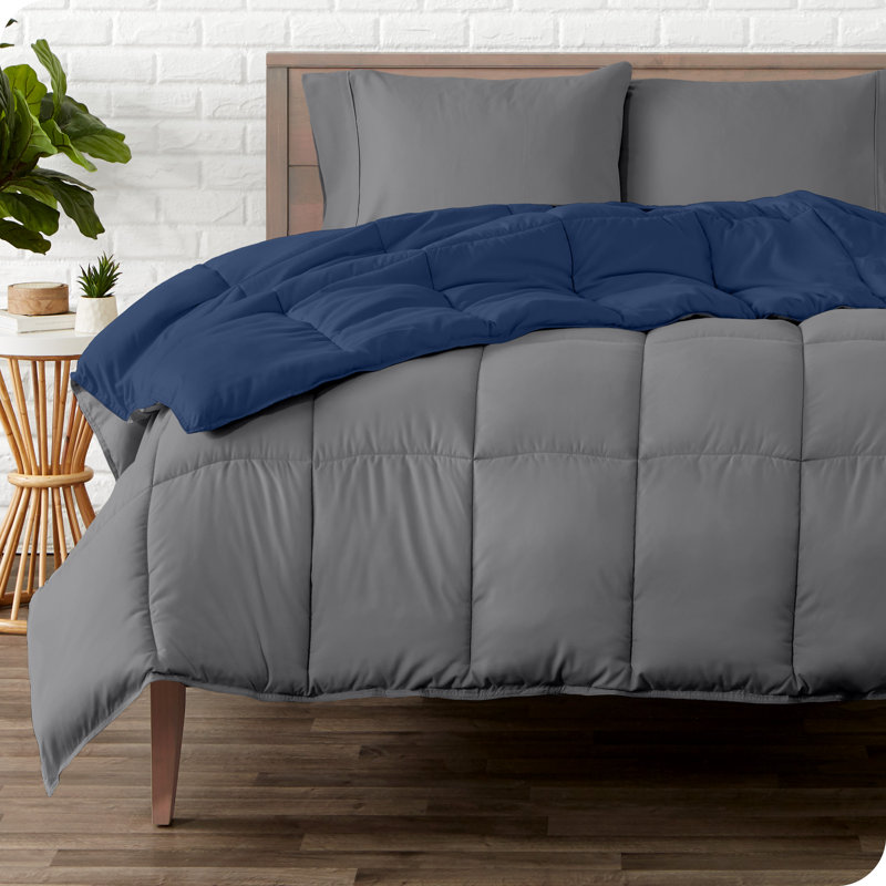 Microfiber Reversible Bed-In-A-Bag, Dark Blue/Grey, Grey, King Comforter + 2 Pillowcases