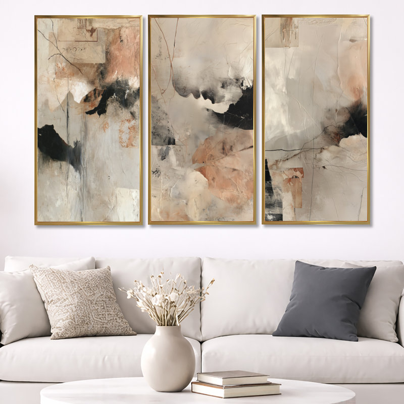 «Black and Gray Brushstroke», peinture abstraite III - art abstrait encadré à 3 panneaux, H 32 po x l 48 po