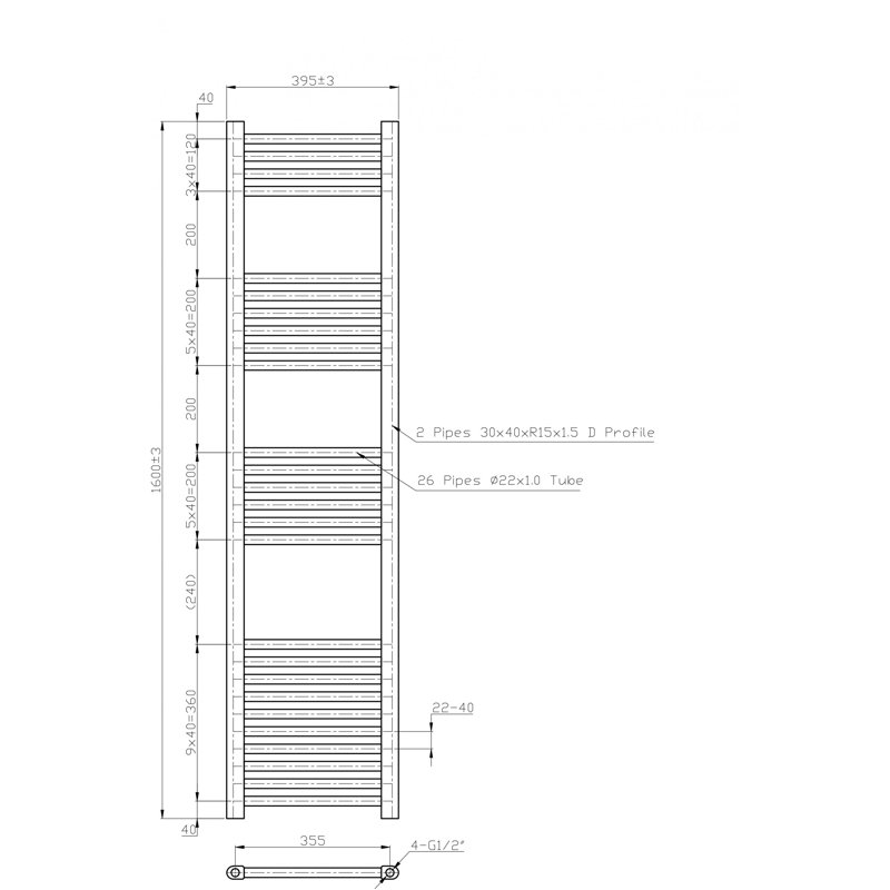 Straight Central Heating Towel Rail Bathroom Heated Rad Radiator Chrome, 160Cm H x 39.5Cm W x 3Cm D