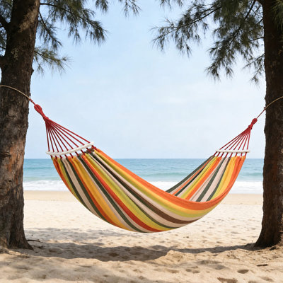 Hamac d'extérieur confortable et durable - Lit suspendu spacieux pour patio, jardin, pelouse - Toile épaissie, installation facile - 200 x 150 cm, orange-vert épaissi