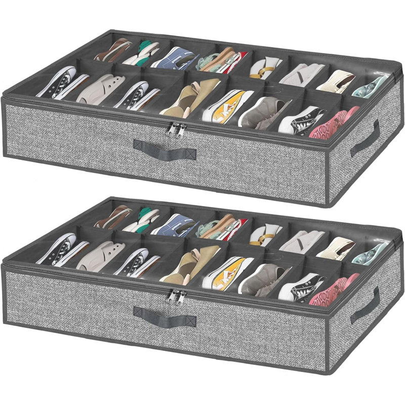 32 Pairs Shoe Organizer Under Bed, Underbed Shoe Storage Boxes Bins, Organizador De Zapatos, Zapateras Organizer, Grey, Set Of 2