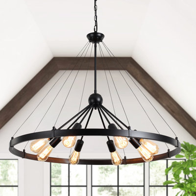 Kelcie 8- Light 35.4'' Dimmable Modern Farmhouse Sputnik Wagon Wheel Chandelier in Matte Black for Kitchen Island Foyer