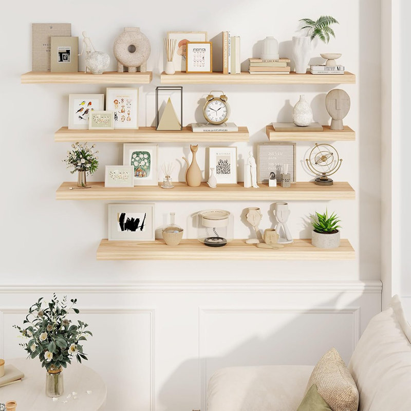 Rustic Pine Floating Shelves Set Of 2, 16" Wide Wood Wall Shelves, Unfinished, Unfinished - Raw Sanded Pine