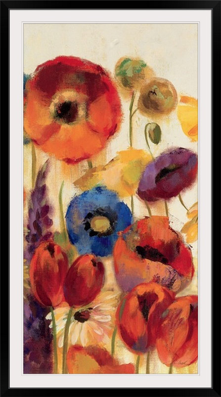 «Joyful Garden Panel II» par Silvia Vassileva, reproduction d'art, H 56 po x l 32 po x P 1 po, Cadre noir