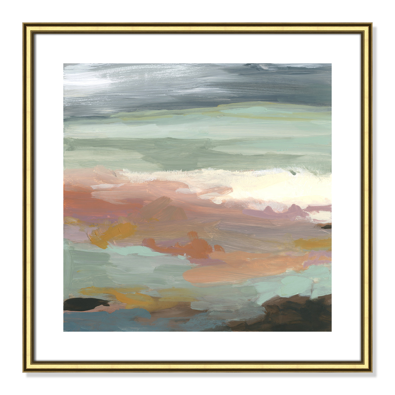 Bingham "Ocean Bluffs" Painting by Carol Robinson, 24.75" H x 24.75" W, Picture Framed Paper, Gold Bead