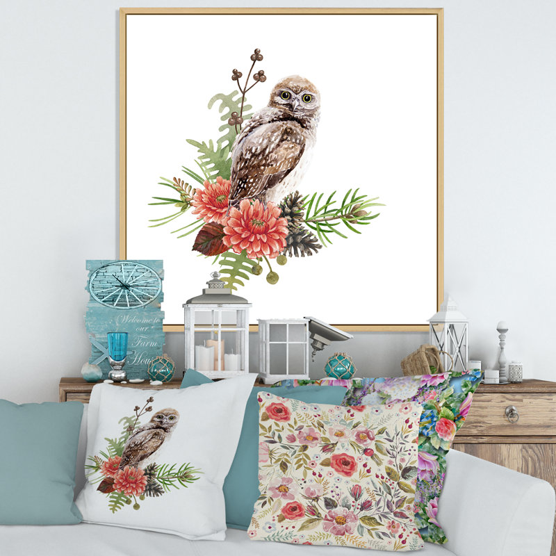 Chouette sur une branche - reproduction d'art sur toile traditionnelle, H 30 po x l 30 po x P 1 po, Cadre flottant en érable