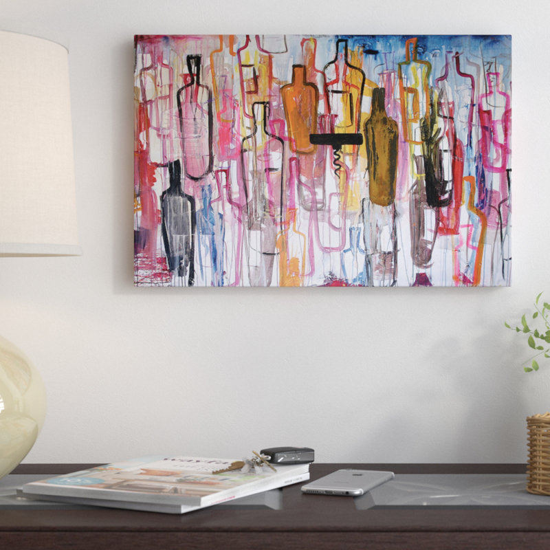 « bouteilles », art mural sur toile tendue, H 26 po x l 40 po x P 1,5 po