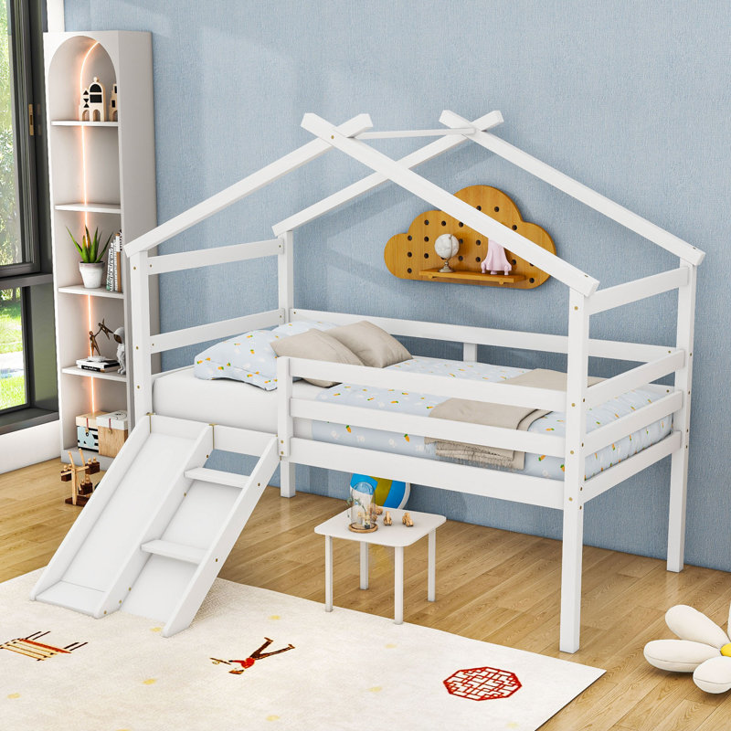 Twin Low Loft House Bed With Slide, Ladder  And Guardrails, White