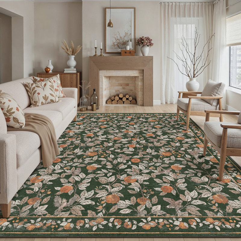 Tapis botanique rétro Pomegranate Blossom, Dark green, Rectangle 7'9" x 9'9"