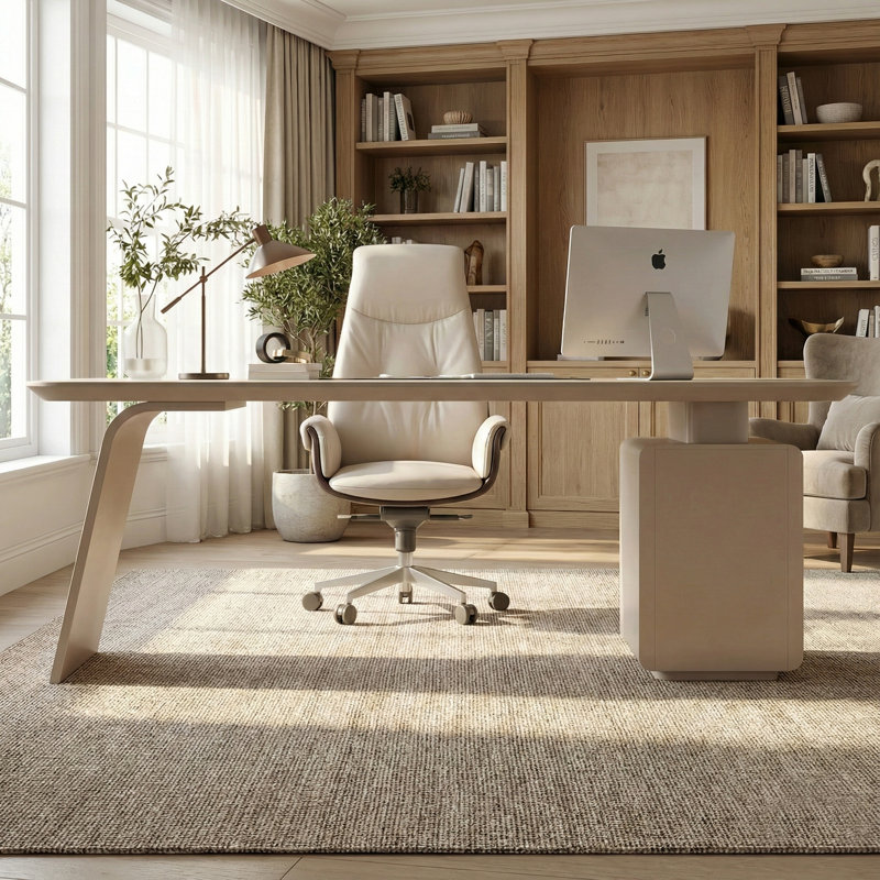 70" Modern Executive Desk with Power Outlets & Wireless Charging, Cream Sintered Stone Computer Table with 3 Drawers