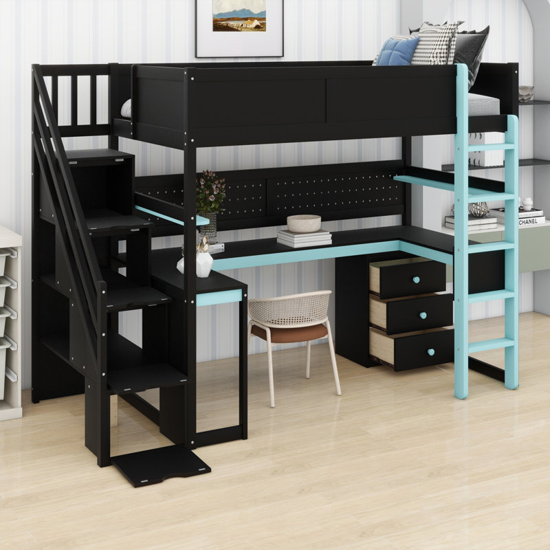 Combines Storage Stairs, Dedicated Desk, Shelving System And Pegboard, Black/Blue