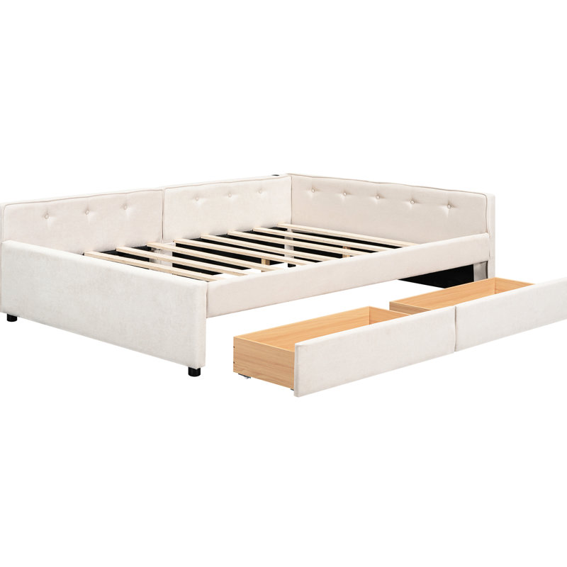 Lit rembourré beige avec 2 solutions de rangement à 2 tiroirs pour une organisation élégante d'étagères de port, Lit double