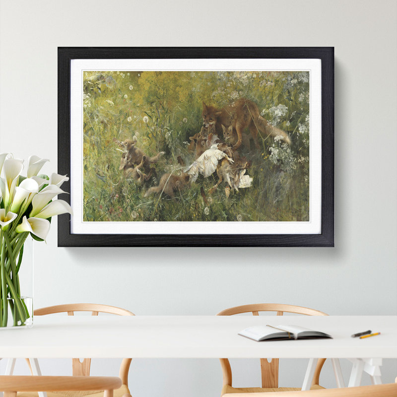 A Fox Family by Bruno Liljefors - Picture Frame Painting, 48cm H x 65cm W x 2cm D, Black Framed