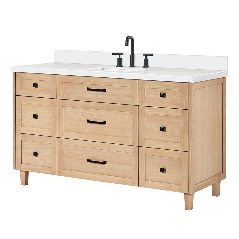 ARIEL Monroe 61 Single Sink Bathroom Vanity with Pure Quartz Top, Oak, 61"