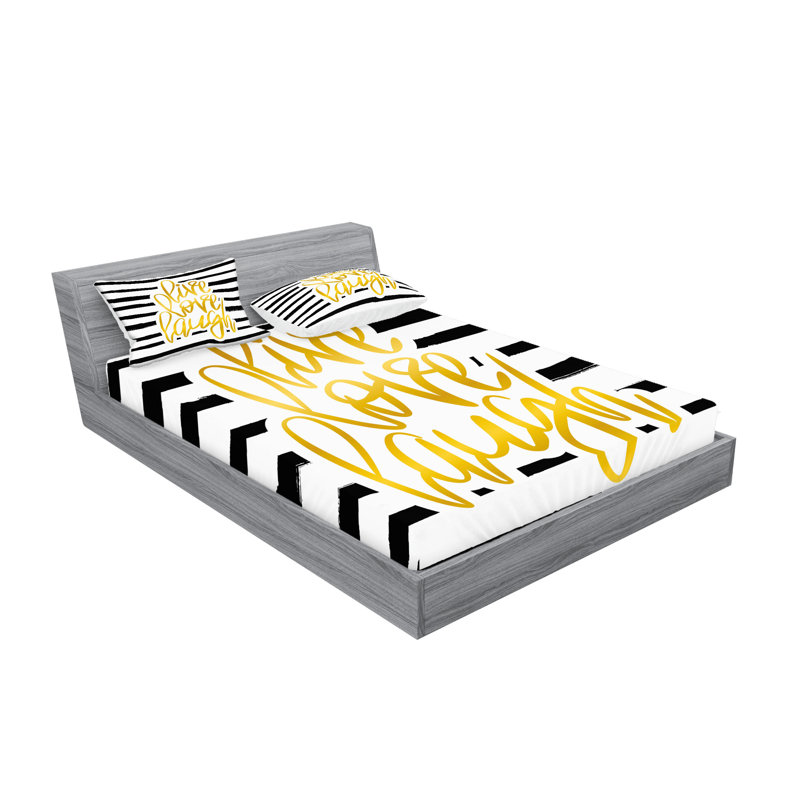 Ambesonne Live Laugh Love Fitted Sheet & Pillow Sham Set, Set, Yellow White and Black