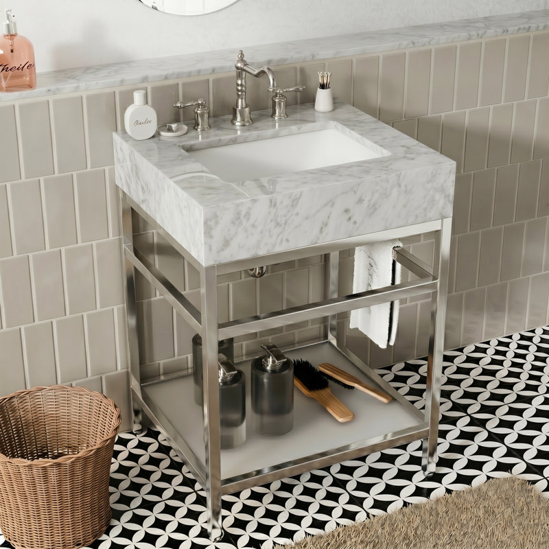 Meuble-lavabo de 24 po en marbre de Carrare naturel avec lavabo, structure en acier inoxydable argenté et tablette en verre