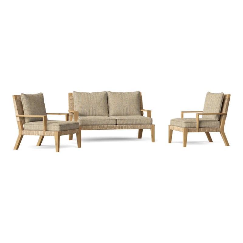 Hadley Outdoor 3 - Piece Teak Conversation Set, Perigold Arigato Morning Glory, Hadley Natural Rope
