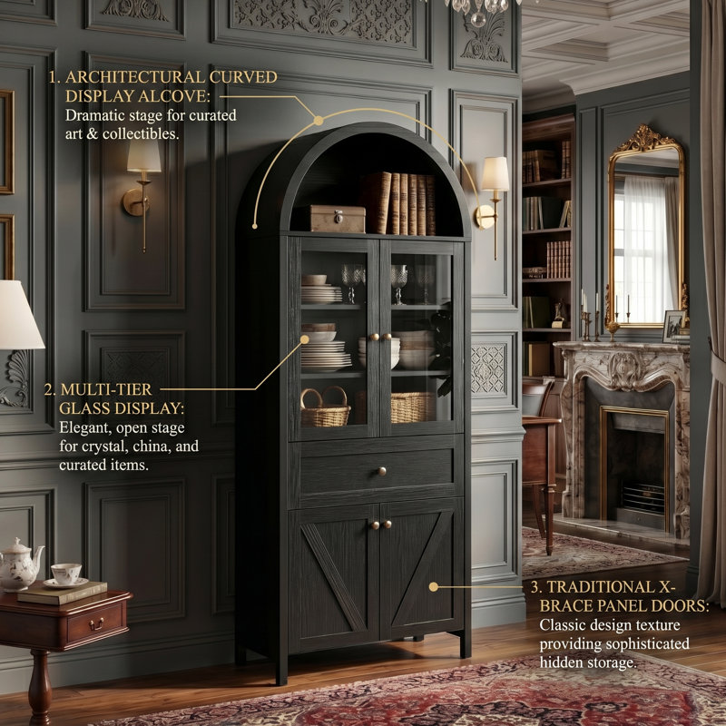 72" Arched Silhouette Storage Cabinet, Timeless Dome Top Display Shelving With 5+ Tier Compartments (Available In Walnut, Oak & Noir)