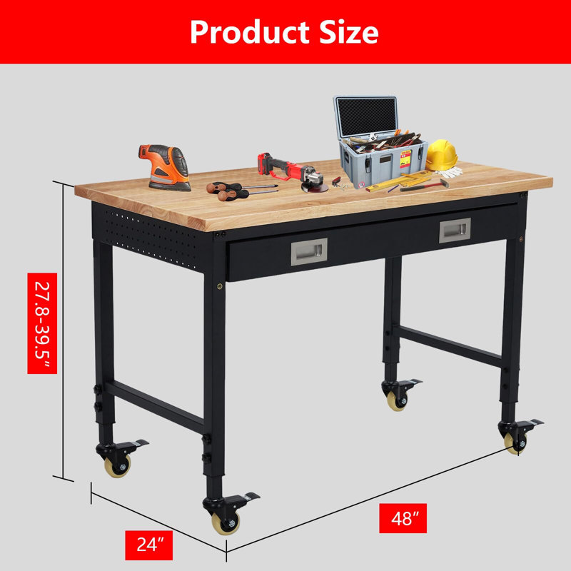 48'' W Manufactured Wood Top Height-Adjustable Workbench with Wheels