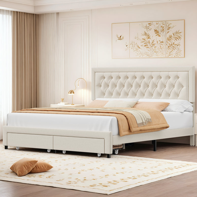 Binghamton Upholstered Platform Bed With 2 Storage Drawers, Wood Storage Bed Frame With Adjustable Headboard, King