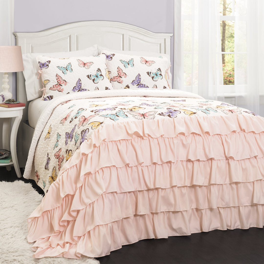 Flutter Butterfly Pink Microfiber Reversible Traditional Quilt Set Lush Decor