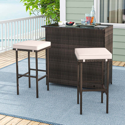 3 Pcs Patio Bar Set With Tempered Glass Tabletop 2-tier Storage Removable Cushions by Highland Dunes