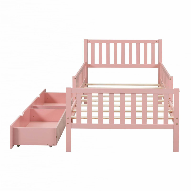 Lit plateforme en bois avec garde-corps des deux côtés et deux tiroirs de rangement, Rose