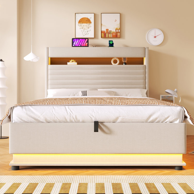 Lift Up Storage Bed Frame, 140x200 cm, Beige