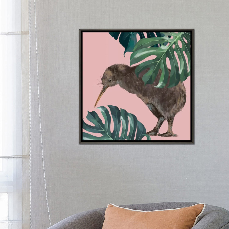 Kiwi oiseau avec monstera art, H 26 po x l 26 po x P 1,5 po, Toile encadrée de bois rustique foncé