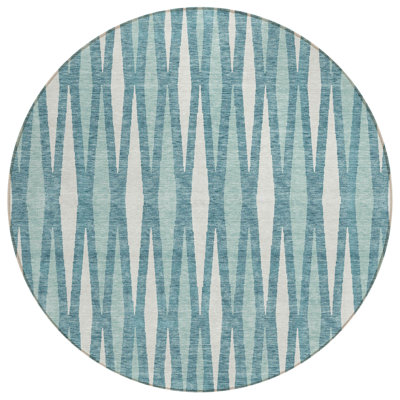 8' Teal Blue And Ivory Round Geometric Washable Indoor Outdoor Area Rug