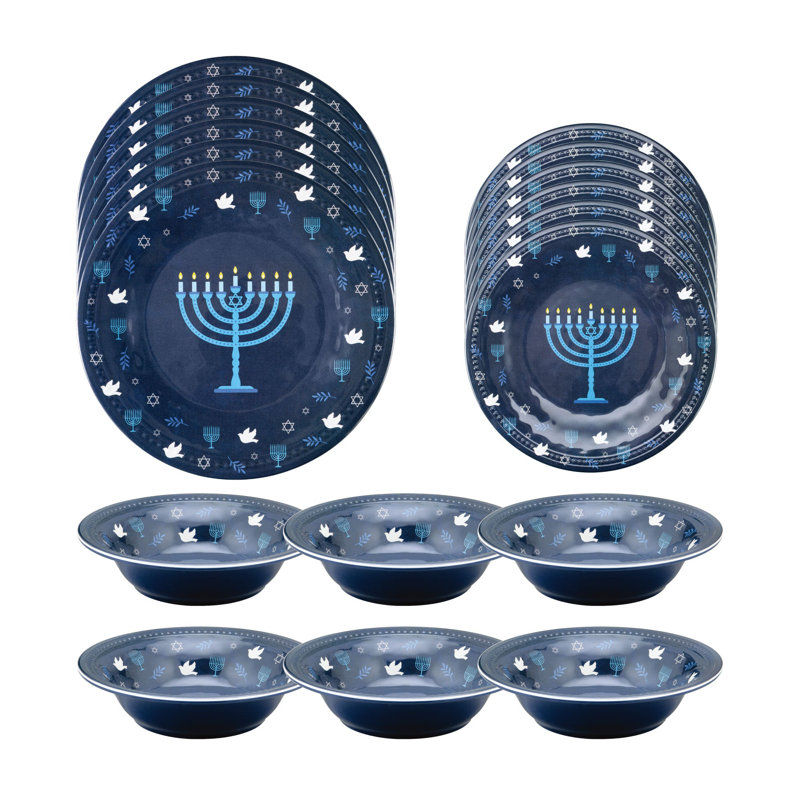 18 Piece Hanukkah Melamine Dinnerware Set Plate and Bowl Set - Service for 6