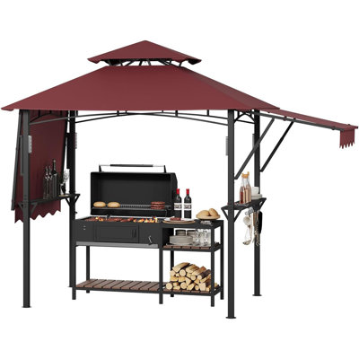 8 Ft. x 5 Ft. Grill Gazebo with Adjustable Dual Side Awnings, Double-Tier BBQ Canopy with Shelves, Hooks and Steel Frame for Backyard or Patio